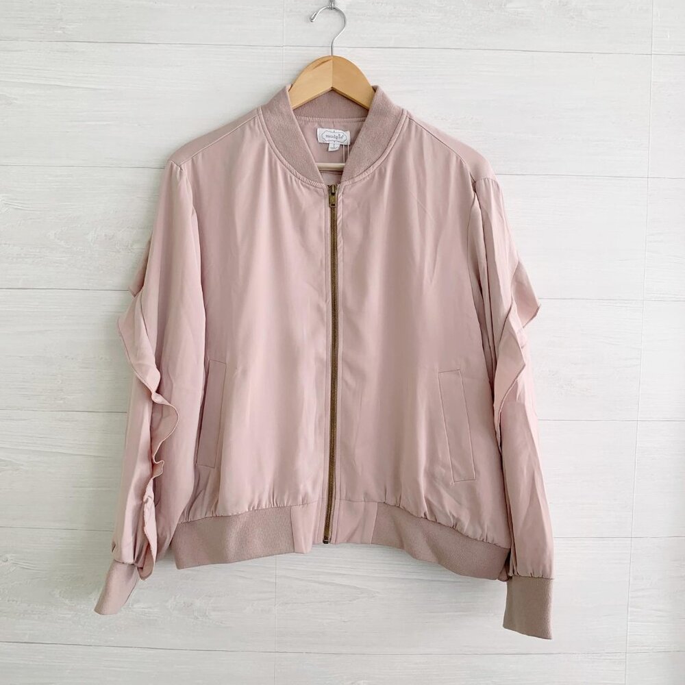 NWT Mudpie - Nolan bomber blush pink ruffled sleeve, zip jacket size L
